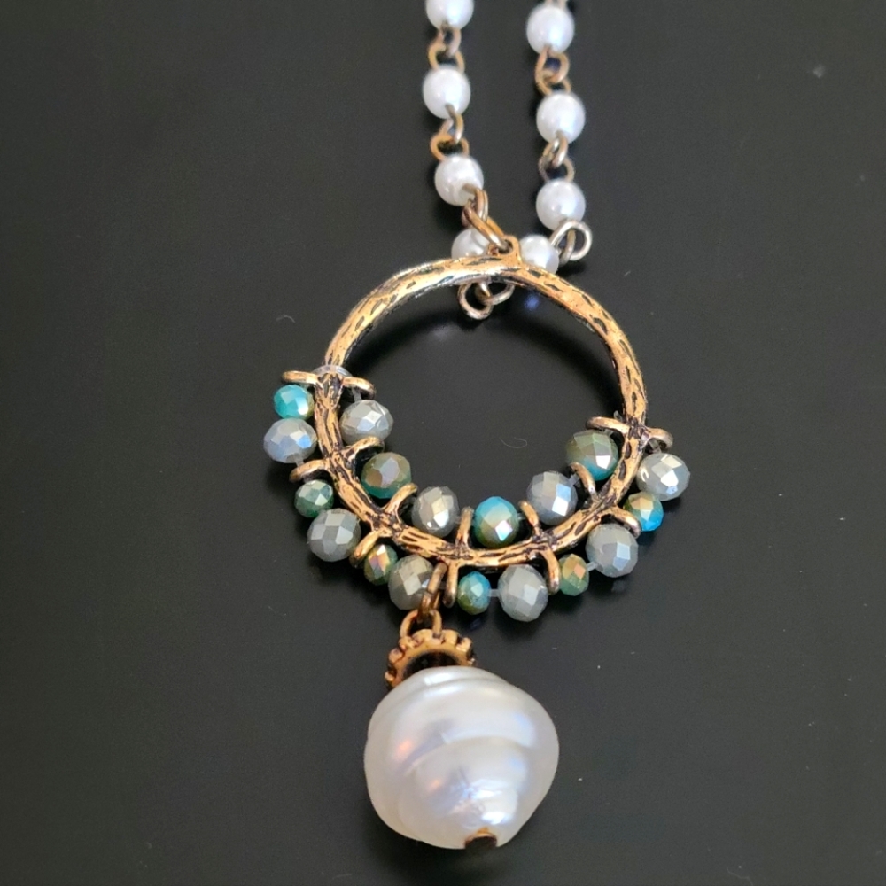 Victorian-Inspired Gold, White, and Turquoise  Necklace with Ornate Pendant